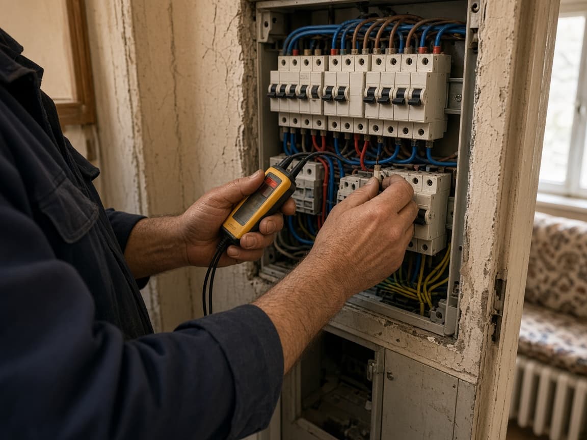 Elektrik panosunda ölçüm yapan elektrik ustasının elleri